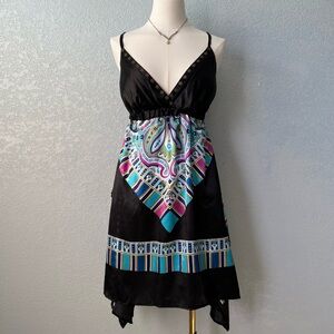 She’s Cool Black Paisley Handkerchief Hem Sundress Strappy Midi Size M